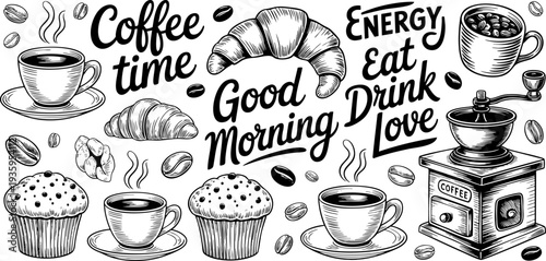 Whimsical coffee morning illustration with mugs and pastry Vector