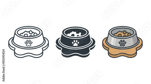Pet Food Bowls with Kibble, Isolated on White Background, Vector Illustration
