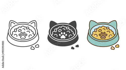 Cat Food Bowls with Kibble Isolated on White Background