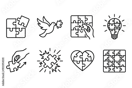 Puzzle Pieces Icons: Solution, Idea, Connection, Teamwork, Heart, Peace and Harmony