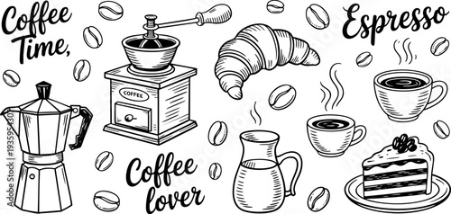 Hand-drawn coffee time illustration with coffee maker, croissant, and cake Vector