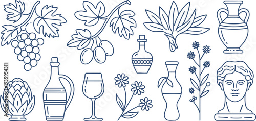 Elegant wine and antique illustration set with grapes and floral elements Vector