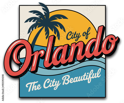 Obraz na płótnie Orlando Florida vintage travel sign, retro tin plate style postcard featuring tropical landscape sea and palm trees representing classic American travel destination