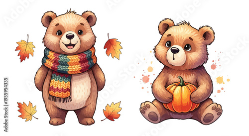 Two adorable cartoon bears with autumn leaves and a pumpkin