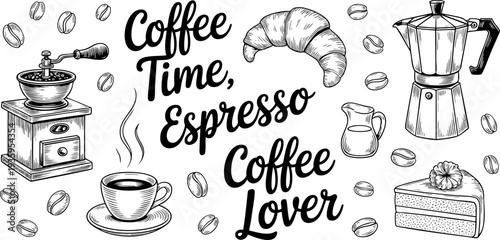 Vintage coffee illustration with espresso machine and croissant for coffee lovers Vector