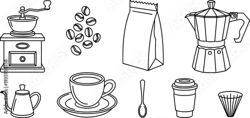 Minimalist line drawing of coffee and tea accessories Vector