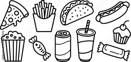 Vector illustration of various fast food items in a minimalist line drawing style Vector