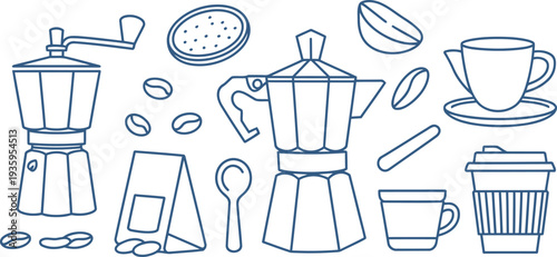 Minimalist line art coffee and brewing equipment illustration Vector