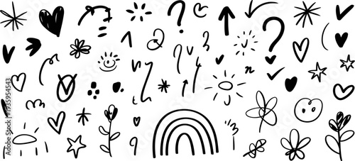 Whimsical hand-drawn doodle set with hearts, stars, and smiley faces Vector