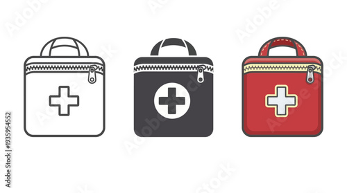 First Aid Kit Icons Set in White, Black, and Red on Isolated White Background