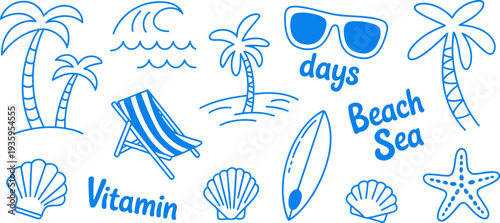 Minimalist blue beach summer elements with text and icons Vector