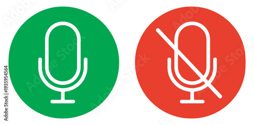 Microphone and mute microphone icons, silent sound symbol, audio icon set, green microphone, red mute microphone collection