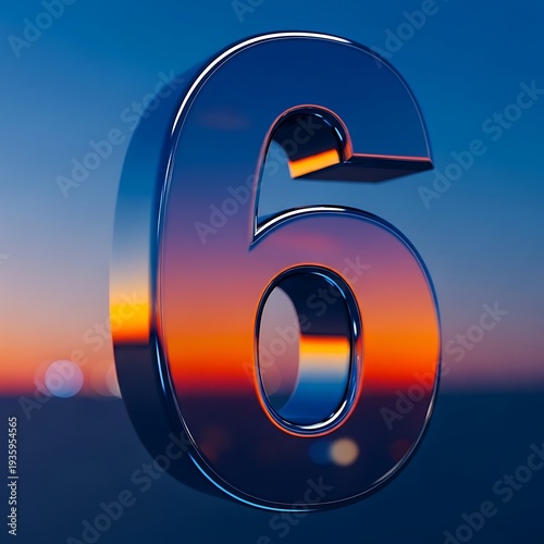 Glossy metallic number six against a vibrant sunset sky backdrop