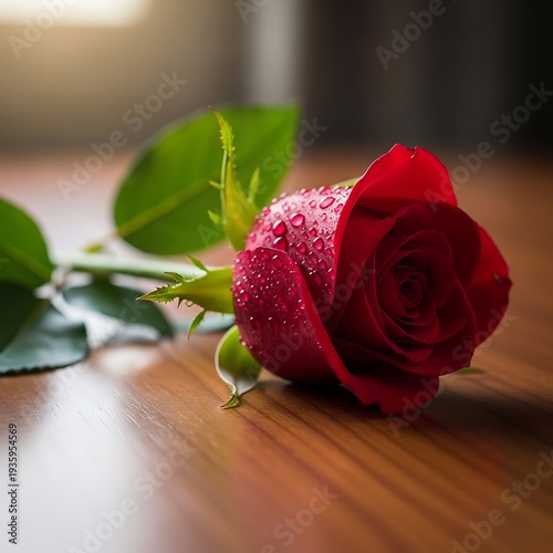 A single red rose with dew drops resting on a wooden surface