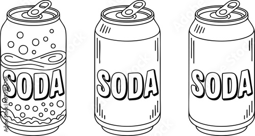 Line art illustration of three soda cans with bubbles and straws Vector
