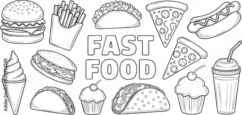 Hand-drawn fast food illustration with various tasty items and drinks Vector