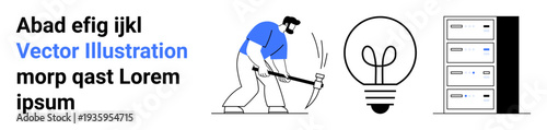 Data mining, innovation, digital technology, data storage, business solutions, IT infrastructure. Man using pickaxe, lightbulb servers. Data mining and innovation concept
