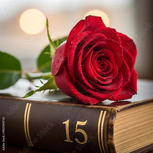 A single red rose resting delicately atop an old book marked with the number fifteen