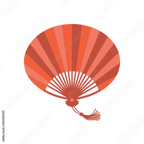 Traditional folding hand fan displays rich red and orange striped.
