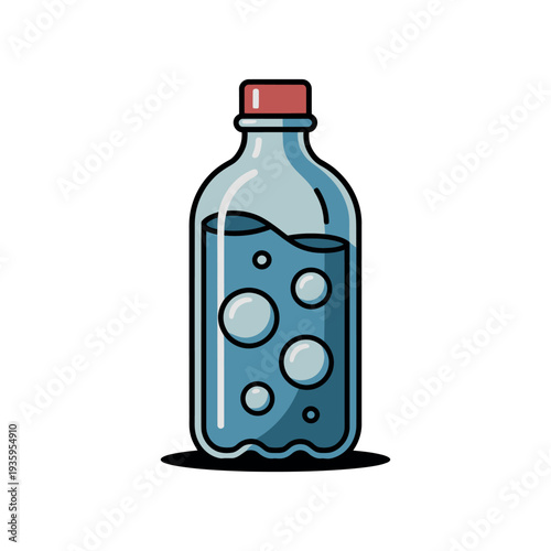 Clear plastic beverage bottle contains cool sparkling water bubbles.