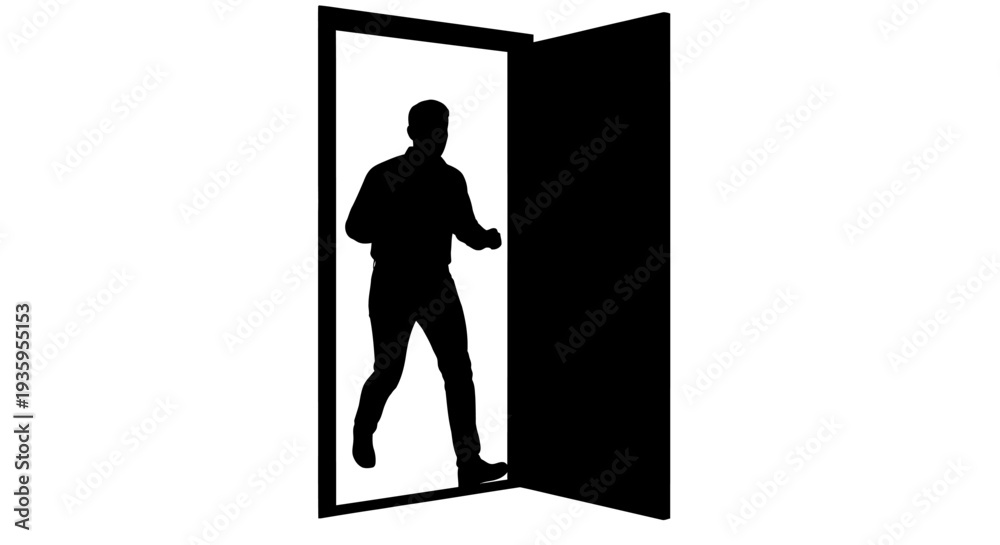 Fototapeta premium Man walking through open doorway entrance.