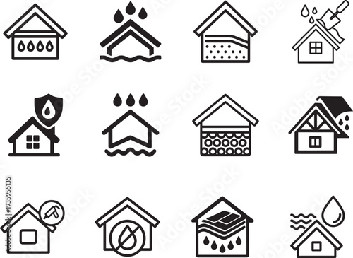 Roof and housetop construction materials waterproofing icon set in thin line editable style.