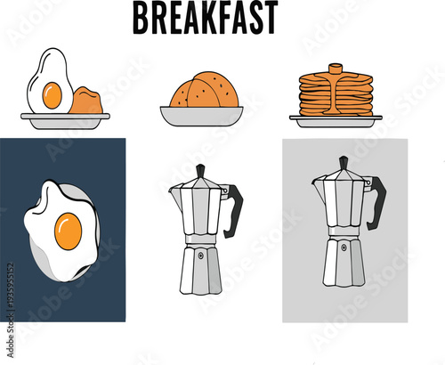 Breakfast food and drinks vector illustration set including fried eggs pancakes bread rolls and italian moka coffee makers