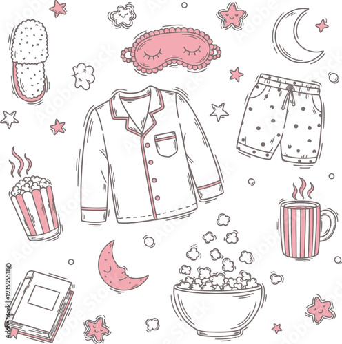 Cute sleepover night icons set with pajamas sleep mask popcorn slippers book and crescent moon stars for pajama party theme