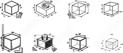 Engineering 3D modeling and prototyping outline icon set with dimensions plan drawing signs.