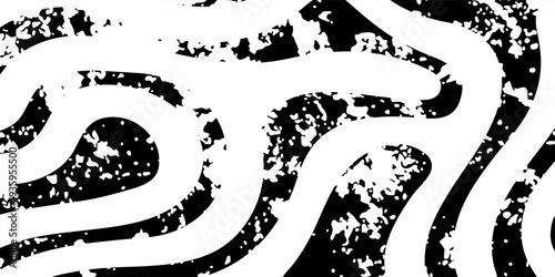 A bold, high-contrast abstract composition featuring thick, sweeping white curves set against a gritty, textured black background with a weathered feel.