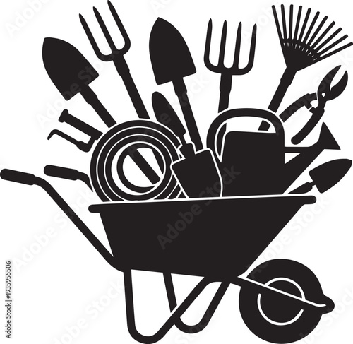 Garden Tools Wheelbarrow Silhouette Vector