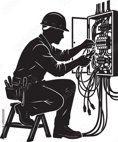 Electrician Working on Panel Silhouette