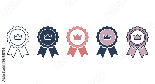 Set of premium quality award ribbon vector icons with elegant crown symbols, perfect for celebrating success, achievement, and recognition in various digital and print designs