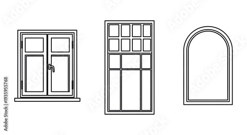 Black and white line drawing of three different window frames showcasing architectural details with a stark silhouette high quality professional detailed