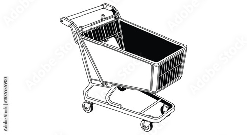 A detailed illustration depicts an empty shopping cart showcasing its metal frame and basket in stark silhouette high quality professional modern