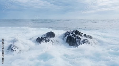 Powerful Ocean Waves Crashing Against Coastal Rocks Under Cloudy Sky