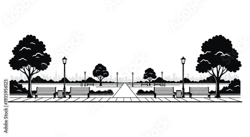 A black and white cityscape park scene featuring benches trees and distant buildings in stark silhouette high quality professional detailed modern
