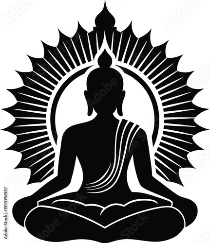 Meditating buddha silhouette with lotus pedestal and aura on transparent background