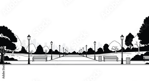 A striking black and white park scene with trees benches and city buildings presented as a dramatic silhouette high quality professional