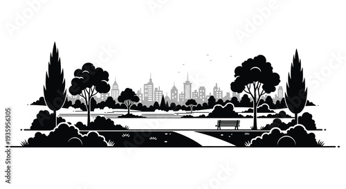 A striking black and white landscape depicts a city skyline framed by trees and foliage in silhouette high quality professional detailed