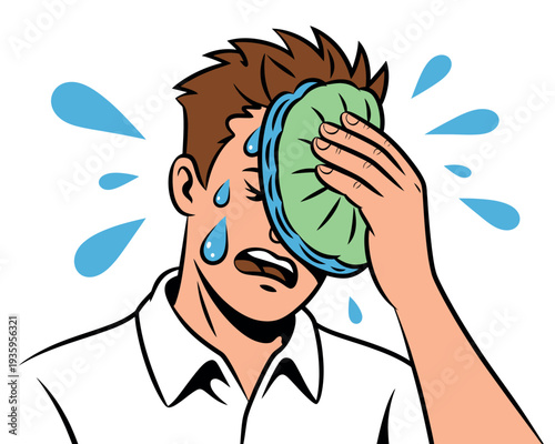 A cartoon man wiping sweat from his forehead with a cold compress on a hot day