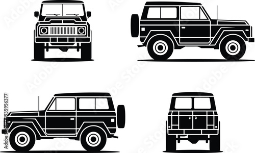 Classic off road SUV vehicle silhouette in front side and rear views vector illustration automotive design concept