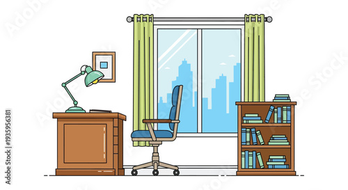 A brightly lit home office overlooks a cityscape through a window featuring a desk chair and bookshelf silhouette high quality professional