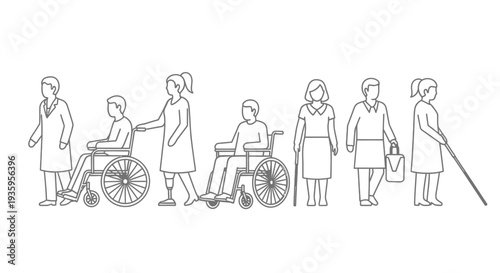 Line drawing depicting diverse people including those with disabilities and healthcare workers