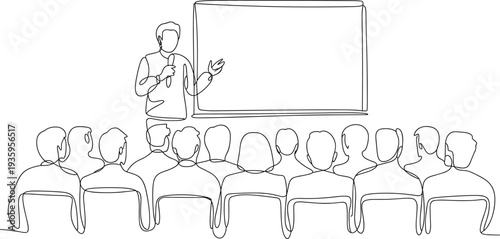 Continuous one line drawing of business speaker presenting to audience with blank presentation board in seminar concept illustration