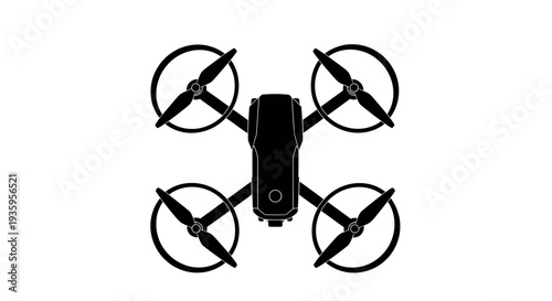 Drone with four propellers flying high.