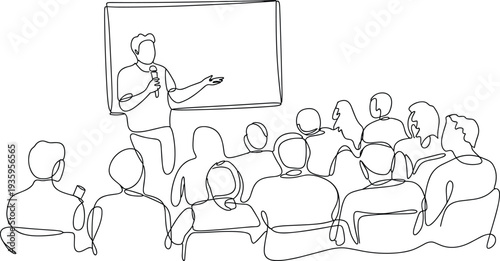 Continuous one line drawing of speaker presenting to seated audience with presentation board in business seminar concept illustration