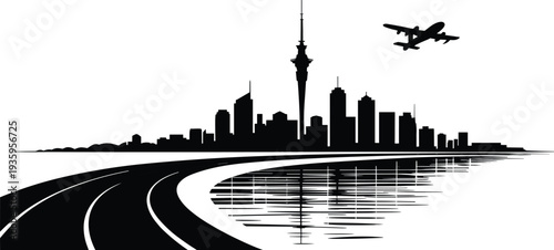 Modern city skyline silhouette with airplane curved road and water reflection urban travel vector illustration concept