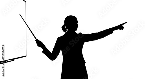 Silhouette of woman pointing to screen.