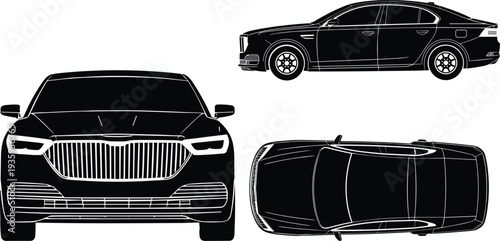 Modern luxury sedan car silhouette vector illustration featuring black wireframe outlines with front side and top view for automotive design and branding.